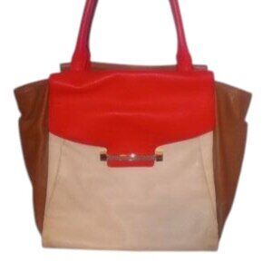 Vince Camuto Red and Brown Tote Bag with Color-Block Design